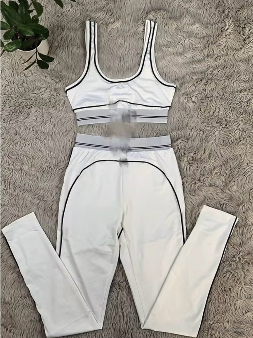 ALO Yoga White Crop Tank with Black Piping and Branded Waistband